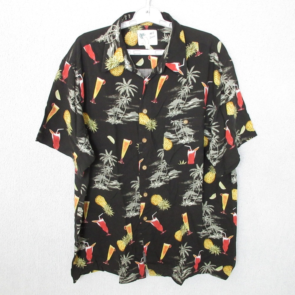 ME Sport Mens XL Hawaiian Shirt Black‎ Palm Tree Pineapple Cocktail Rayon